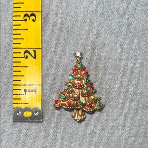 Gold Christmas Tree Brooch with Red and Green Accents